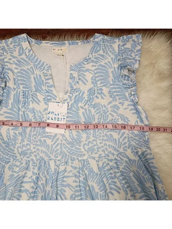 Roller Rabbit Mini Dress Women's Blue White Floral Print Linen Ruffle Sleeve - Picture 6 of 10